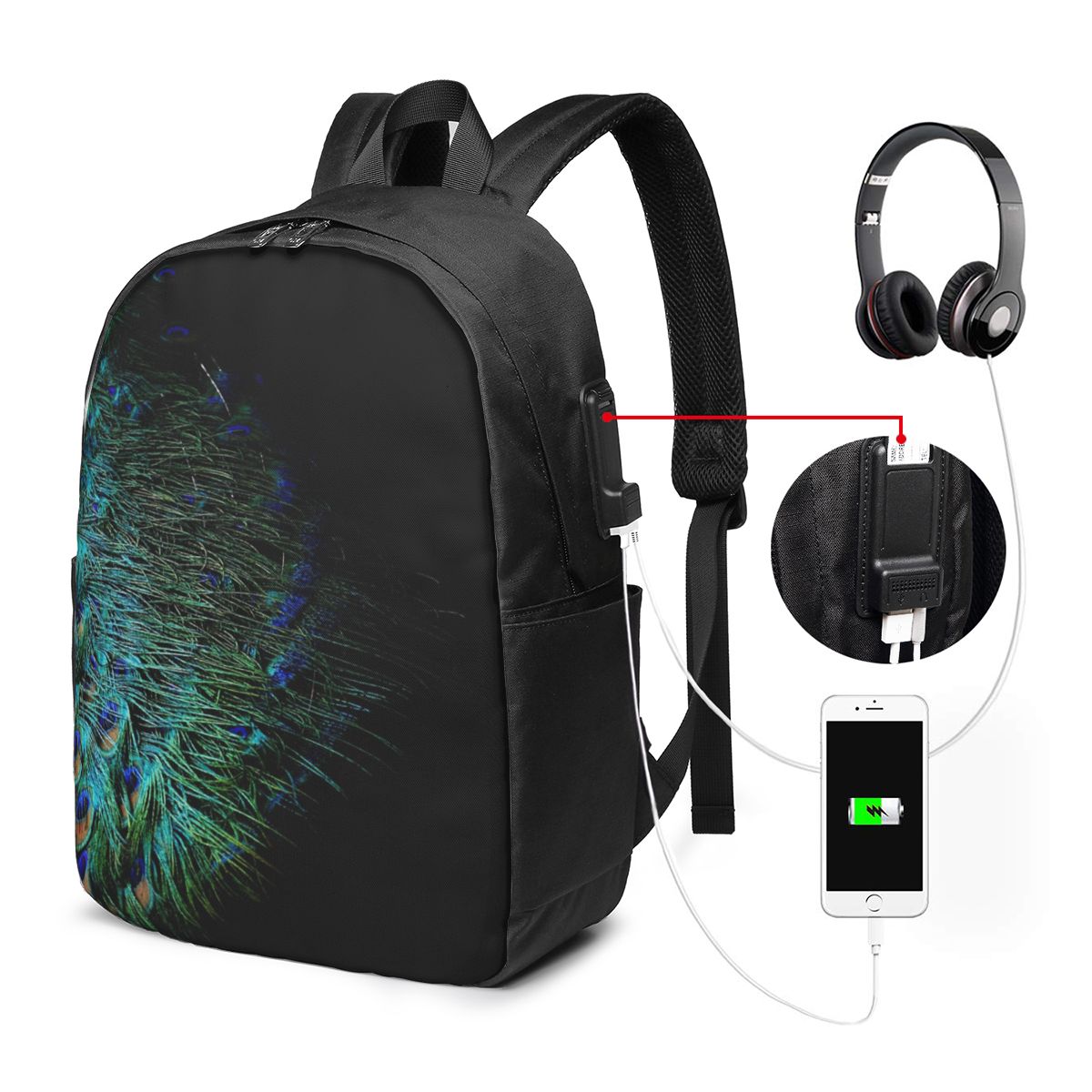 Laptop Bag - Plecak z piórami pawia na czarnym